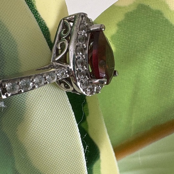 Pear Shaped Garnet & White Lab-Created Sapphire Halo Ring 925 Sterling Silver - Picture 3 of 6